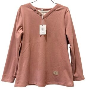 Korean Fashion Women Mock Two-Piece Flannel Long Sleeve Shirt Pink/White Size M